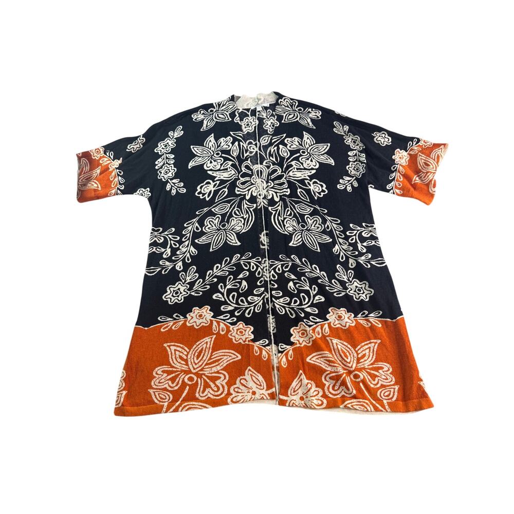 Chico’s Size 3 XL Black Cream Orange Floral Open Front Cardigan Kimono